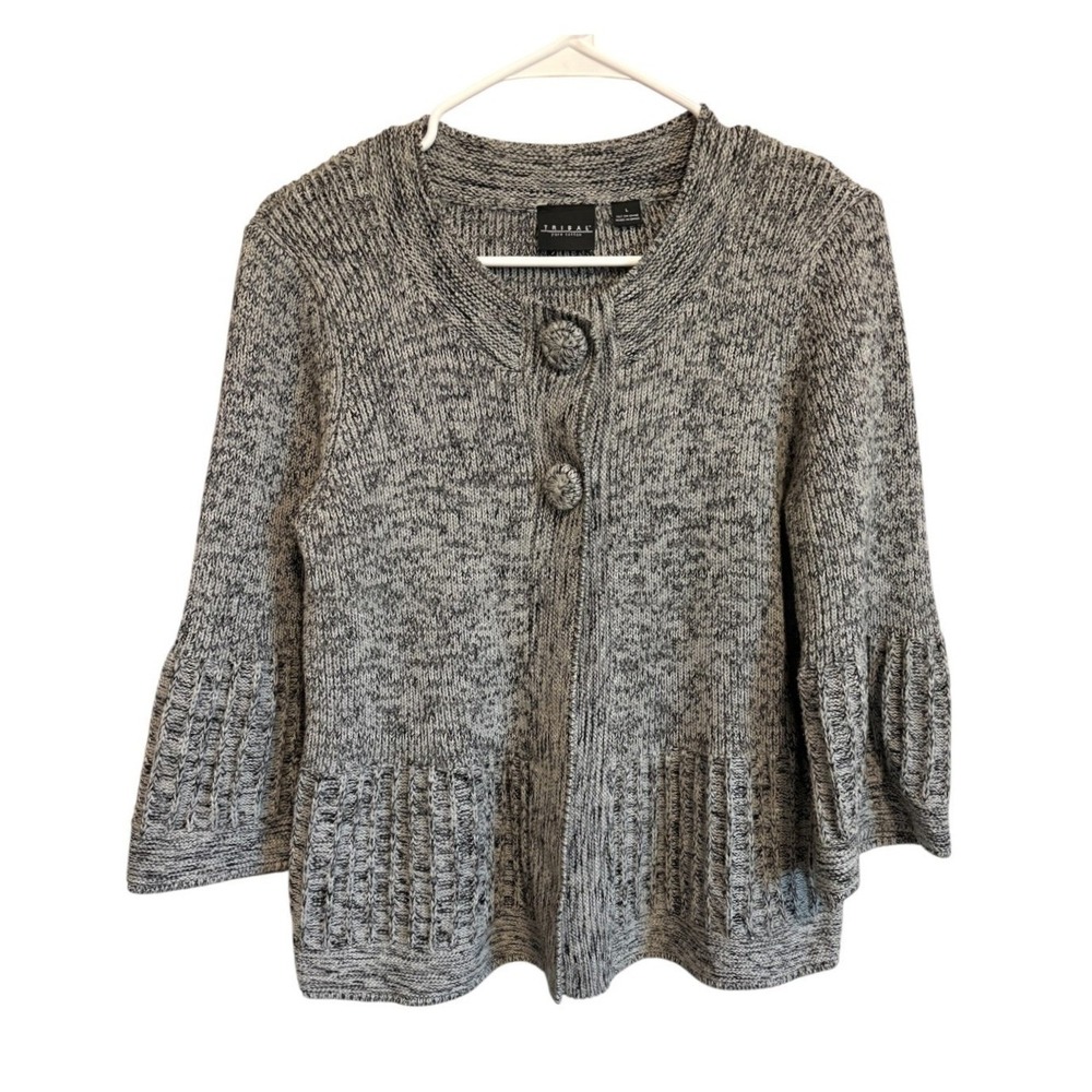 Tribal Knit Cardigan Sweater Large Gray Chunky Layer Bell Sleeve Artisan Marled